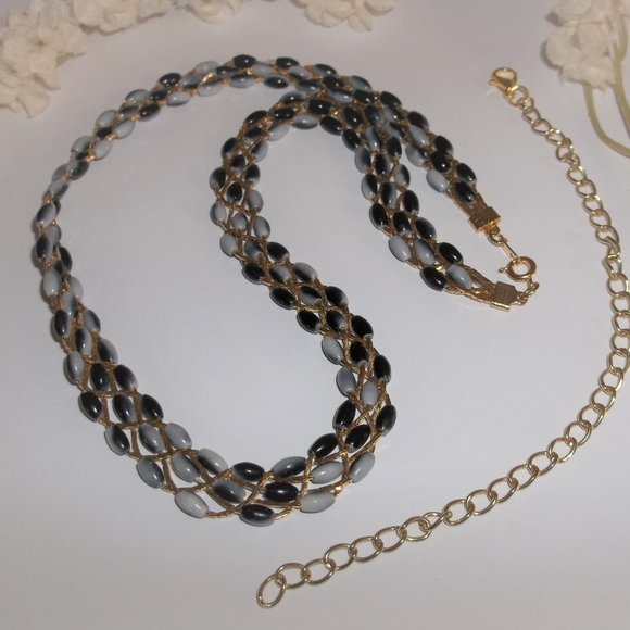Vintage Necklace Beaded Gold Black Grey Ombre Beaded Woven Braided Jewelry A432 - Picture 4 of 6